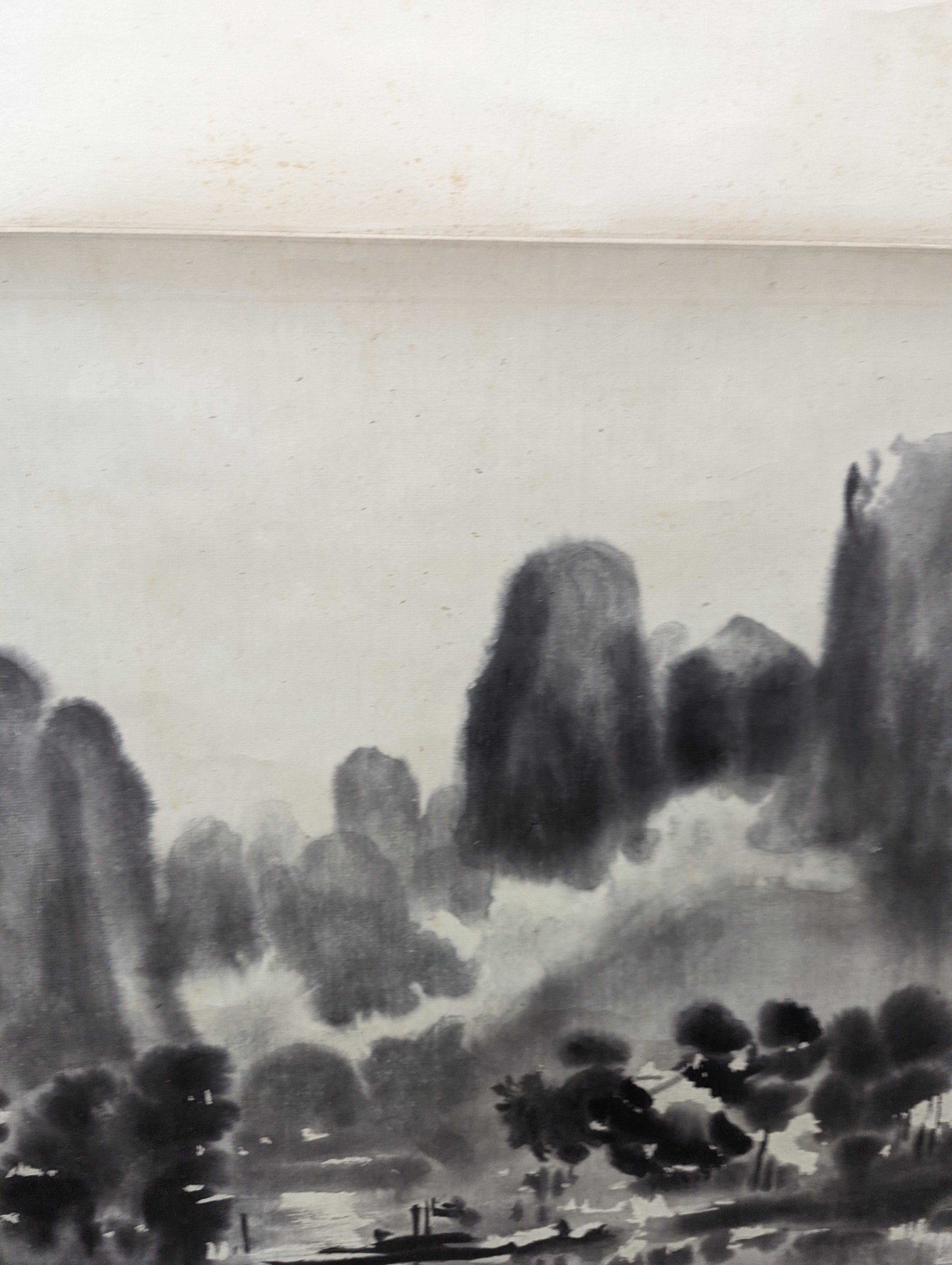Two mid 20th century Japanese watercolour on paper scroll paintings, Boatman in a landscape, 79.5 x 113cm, and Cormorants on a bank, 103 x 106cm